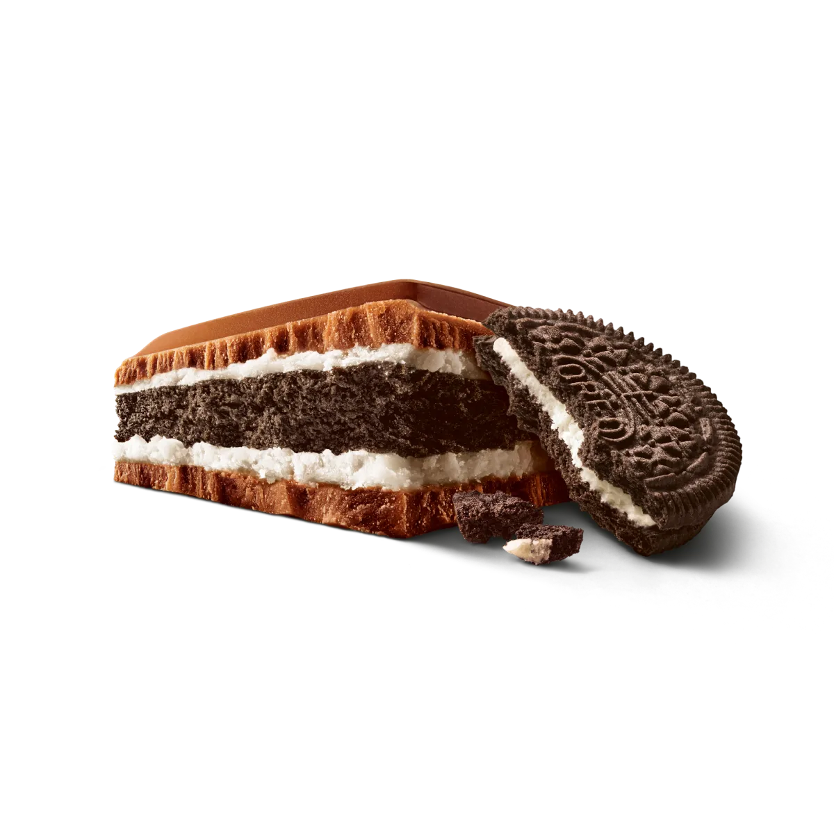 Ein Stück von der Milka Mmmax Schokolade der Sorte Oreo