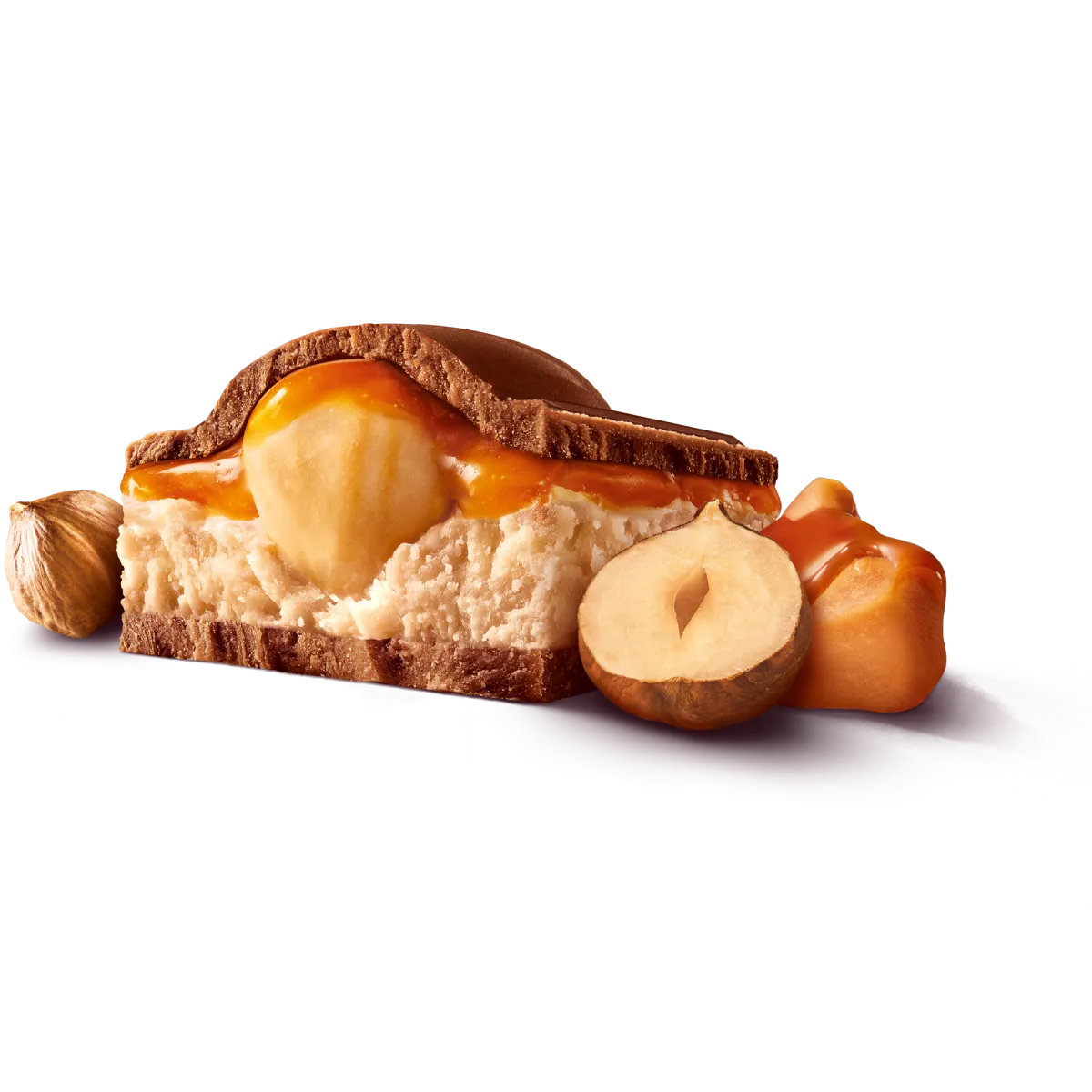 Ein Stück von der Milka Mmmax Schokolade der Sorte Toffee Ganze Nuss